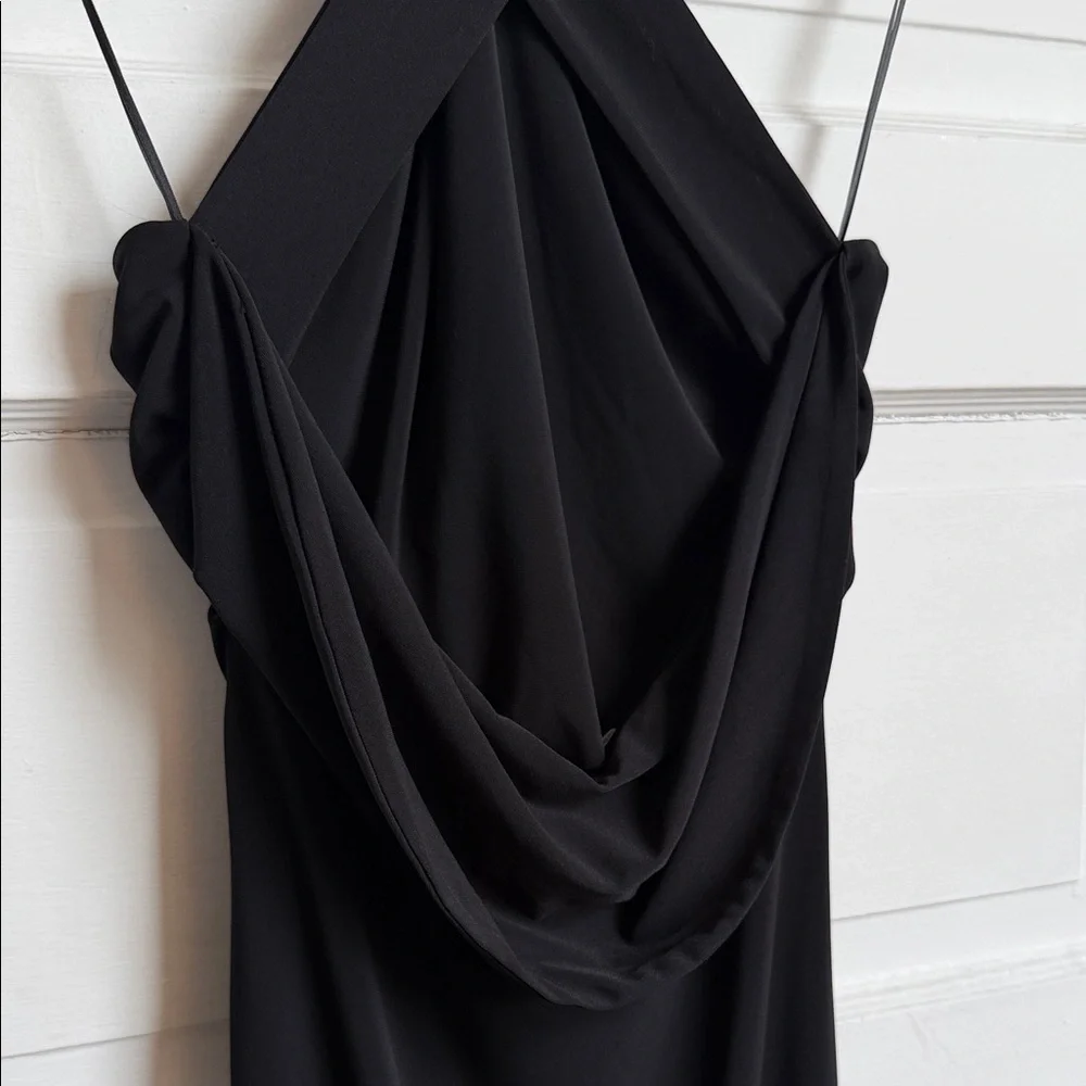 Zara Black Fitted Wrap Midi Dress Gold Neck Detail Criss-cross Back Slit NWT S